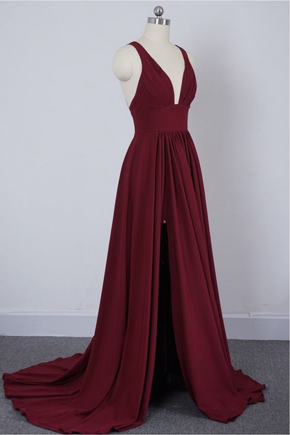 Burgundy A Line Deep V Neck Cheap Bridesmaid Dresses For Wedding,Long Prom Dress  Y1565