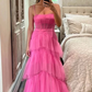 Elegant A-Line Hot Pink Tiered Tulle Long Prom Dress Evening Dress Y1594