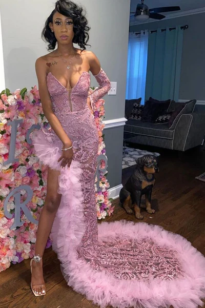 Sexy Dark Pink Tulle Prom Dresses|Sweetheart Deep Split Evening Dress Y1739