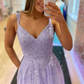 A Line V Neck Beaded Lace Long Prom Dresses, Lace Formal Dresses, Lavender Evening Dresses Y1802