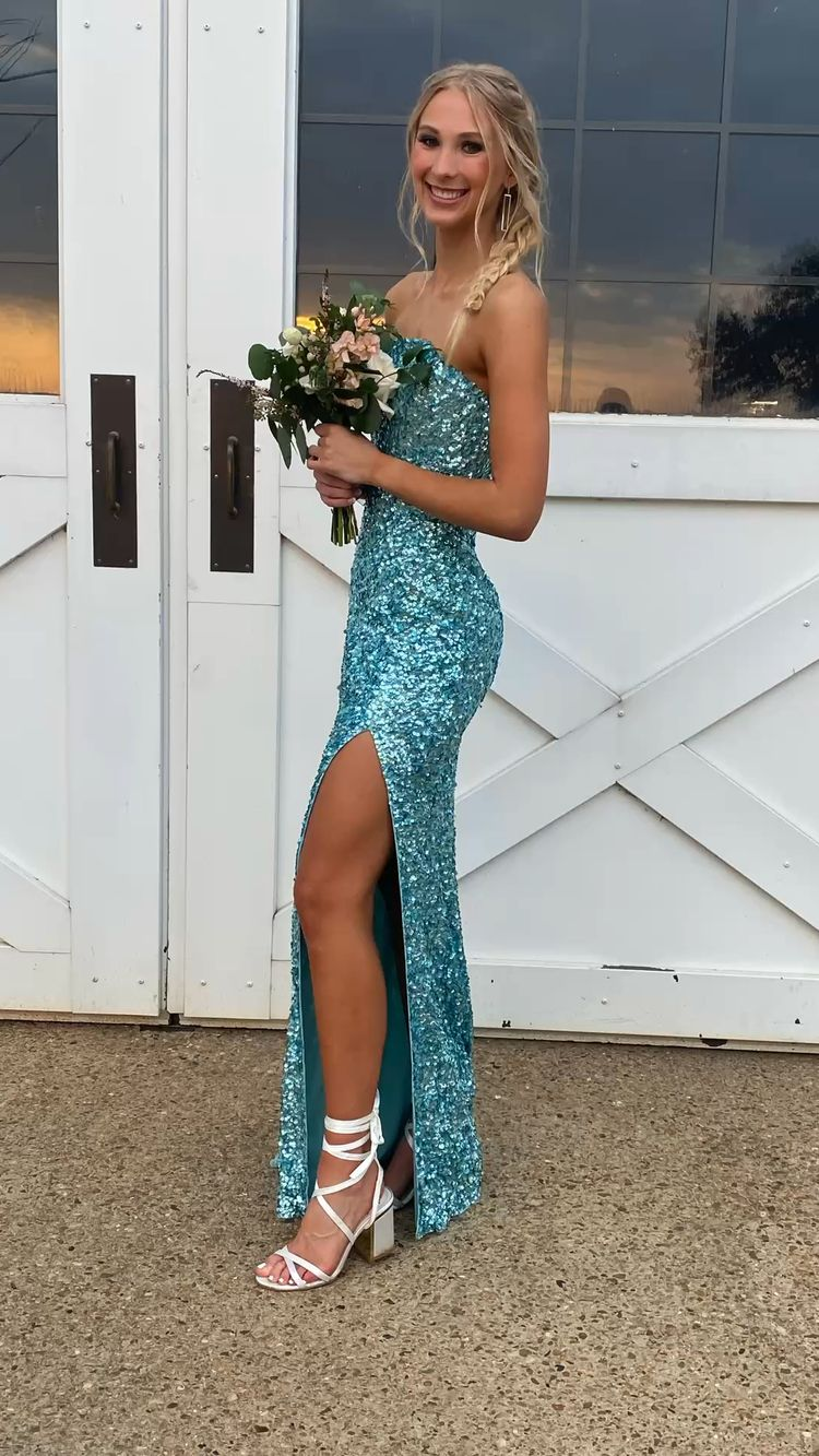 Mermaid Sequins Long Prom Dress Strapless Formal Gown Side Slit Y267