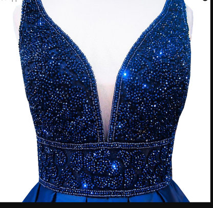 Women's Long Evening Dress Navy Blue V-Neck Sleeveless Open Back Beaded Formal Evening Dress Y1193