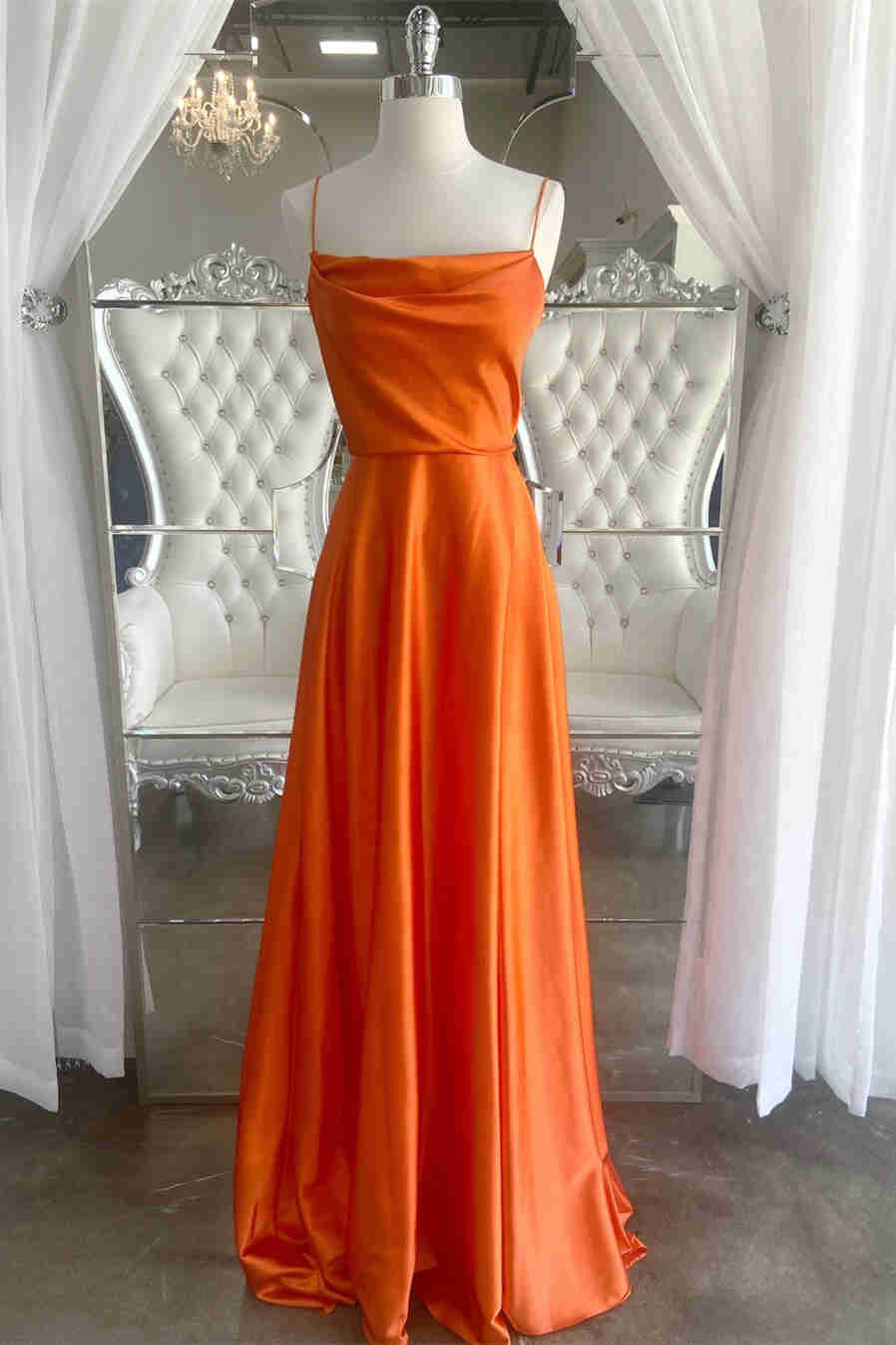 Cowl Neck Green Satin A-Line Formal Dress with Slit,Modest Prom Dress Y1884