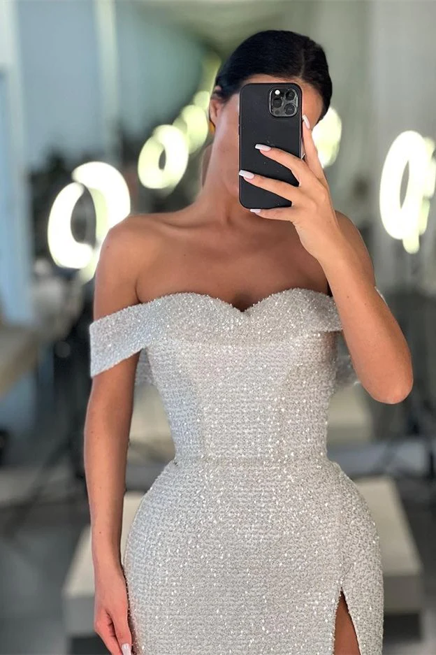 Mermaid White Off-the-Shoulder Sequins Prom Dress With Split Y375