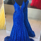 Elegant V Neck Mermaid Royal Blue Long Lace Prom Dress Y1200
