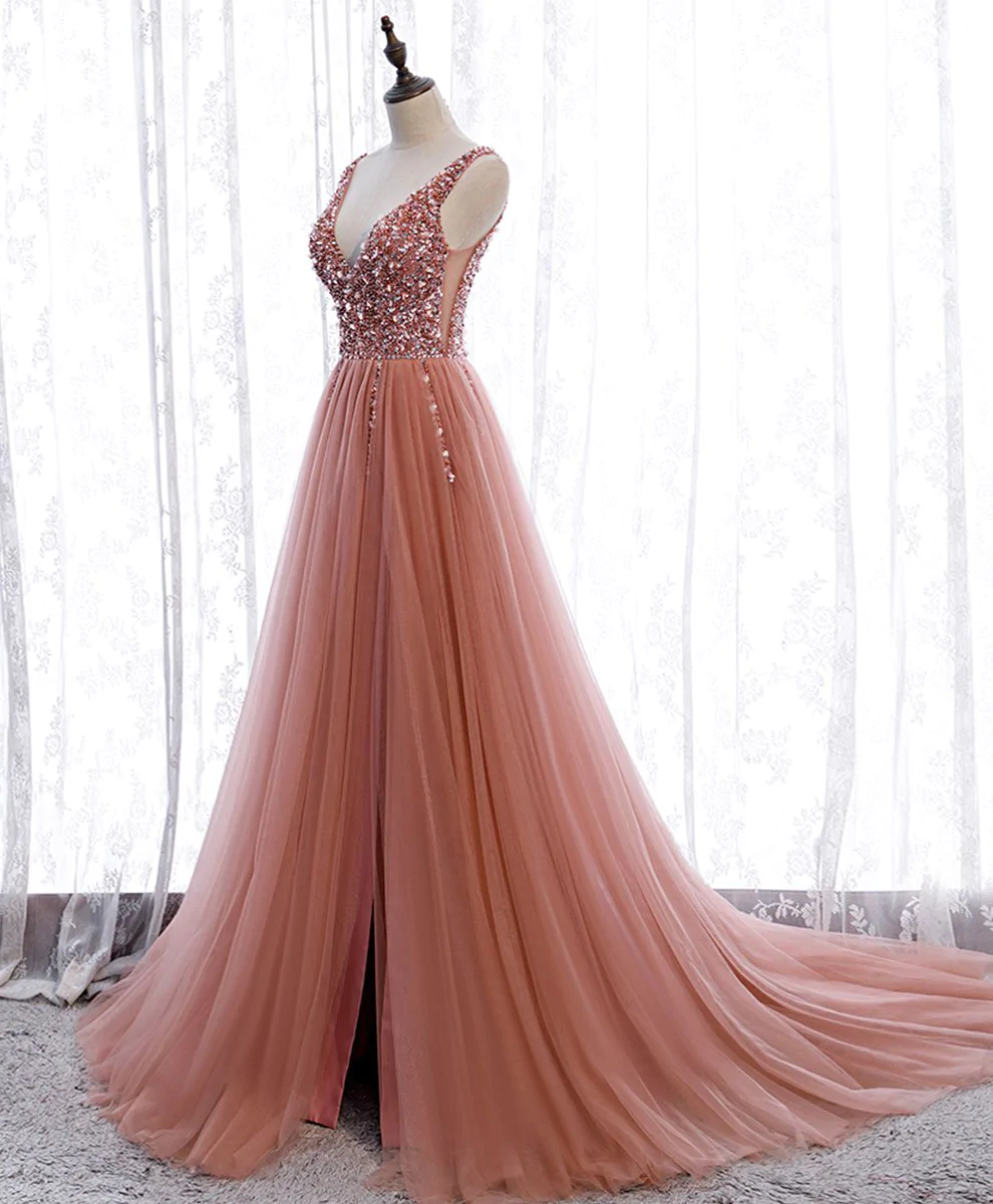 Pink V Neck Tulle Sequin Long Prom Dress Pink Formal Dress Y95