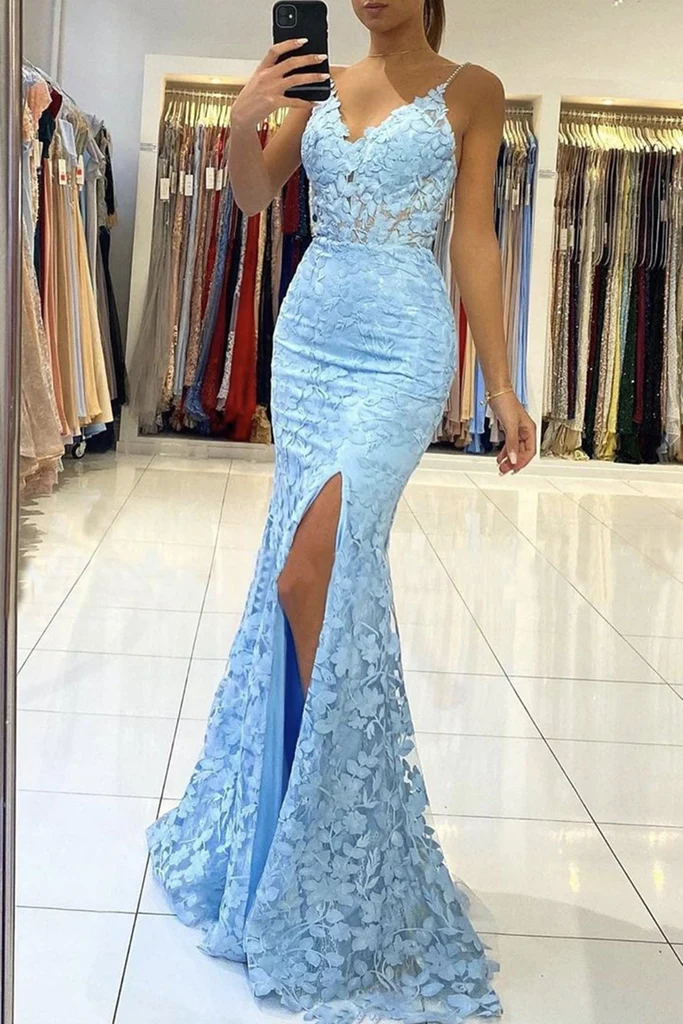 Mermaid V Neck Backless Blue Lace Long Prom Dress, Mermaid Blue Lace Formal Dress, Blue Lace Evening Dress Y333