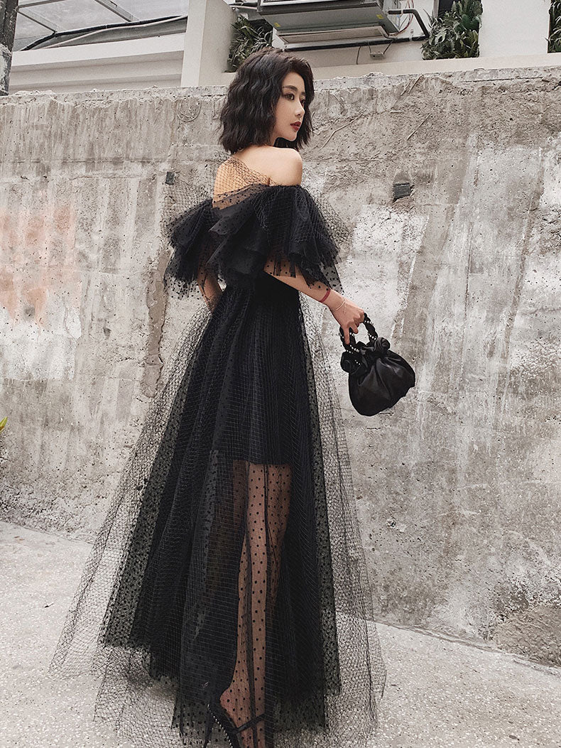 Black Tulle Long Prom Dress, Formal Dress Black Graduation Dresses Y513