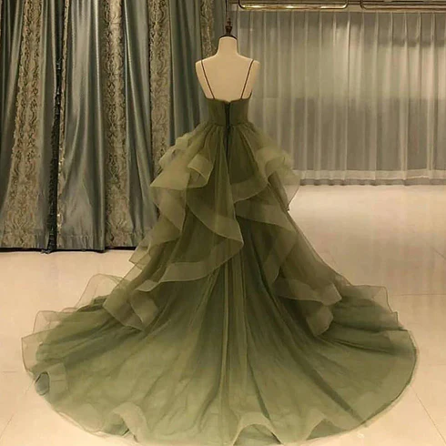 Green Straps Sweetheart Tulle Long Evening Dress, Green Layered Tulle Prom Dress Y987