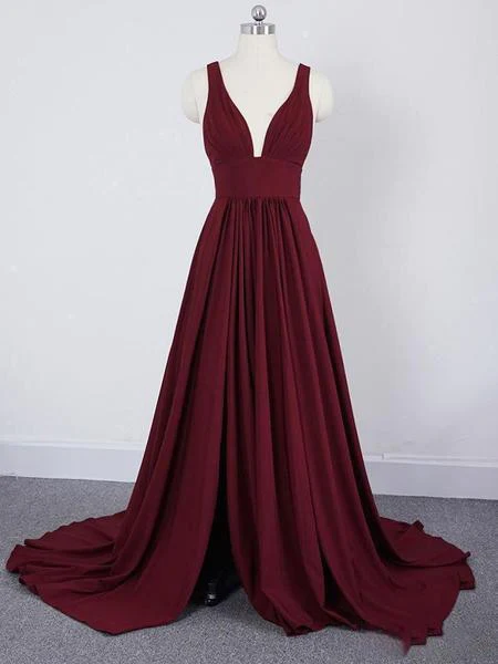 Burgundy A Line Deep V Neck Cheap Bridesmaid Dresses For Wedding,Long Prom Dress  Y1565