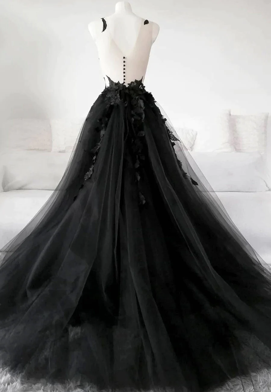 Elegant A-line Tulle Modest Prom Dress With Appliques Y1574