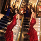 Red Sequins Glitter V-neck Sleeveless Mermaid Prom Dresses Y953