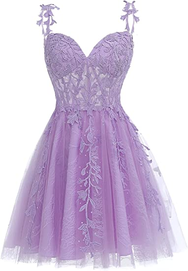 Purple Floral Tulle Short Homecoming Dress with Lace Rhinestones Appliques Y857