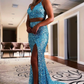 Two Piece Orange Sequins Long Prom Dress Y995