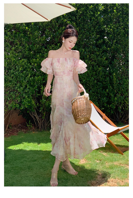 Long Dress Women French Romantic Popular Floral Bubble Sleeve Boat Neck Sling Beach Holiday Summer Dresses,Charming Prom Dress Y1856