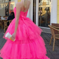 Strapless High Low Layered Hot Pink Tulle Long Prom Dress, High Low Hot Pink Formal Dress, Hot Pink Evening Dress Y214