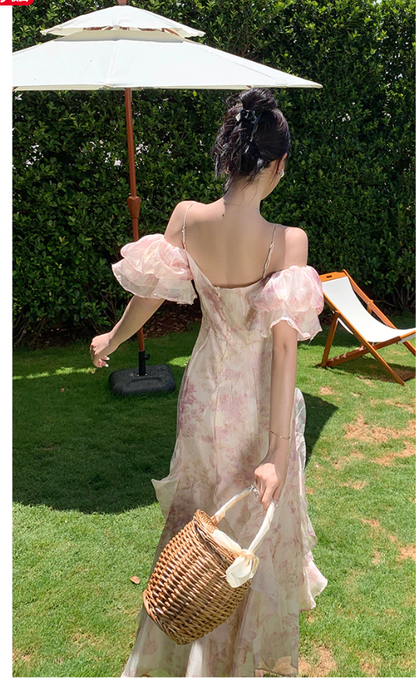 Long Dress Women French Romantic Popular Floral Bubble Sleeve Boat Neck Sling Beach Holiday Summer Dresses,Charming Prom Dress Y1856