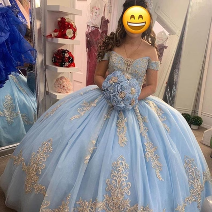Baby Blue Ball Gown Quinceanera Dresses Off the Shoulder with Sleeves Sweet 16 Birthday Party Gowns Y403