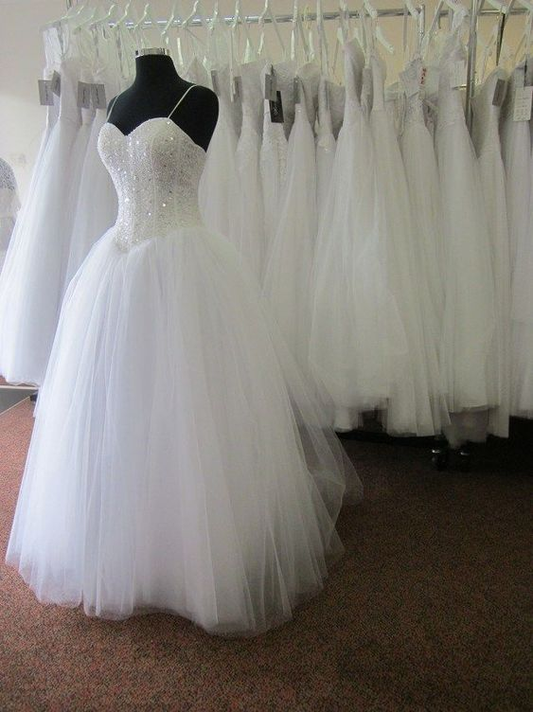 White Tulle Spaghetti Straps Wedding Dress with Sequins Beading Y1176