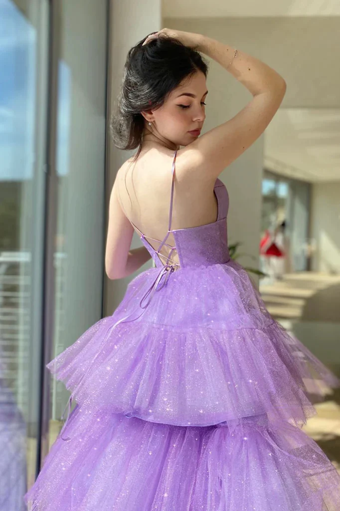 V Neck Purple High Low Prom Dresses, Purple High Low Formal Homecoming Dresses Y1689