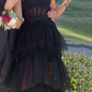 Elegant A-line Layered Tulle Black Prom Dress,Sheer Corset Long Evening Dress,Graduation Dress Y653