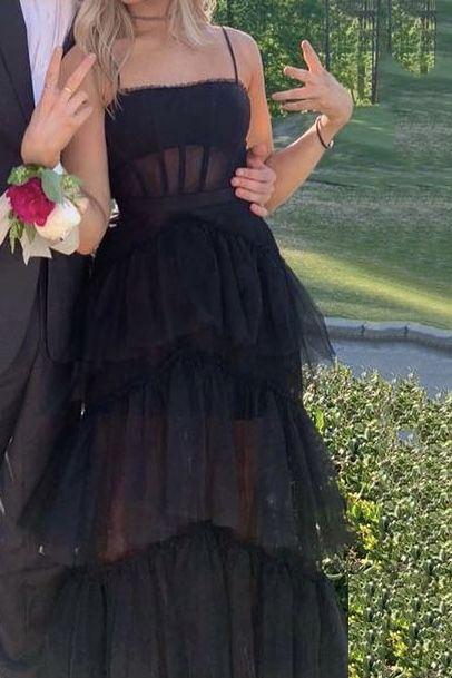 Elegant A-line Layered Tulle Black Prom Dress,Sheer Corset Long Evening Dress,Graduation Dress Y653