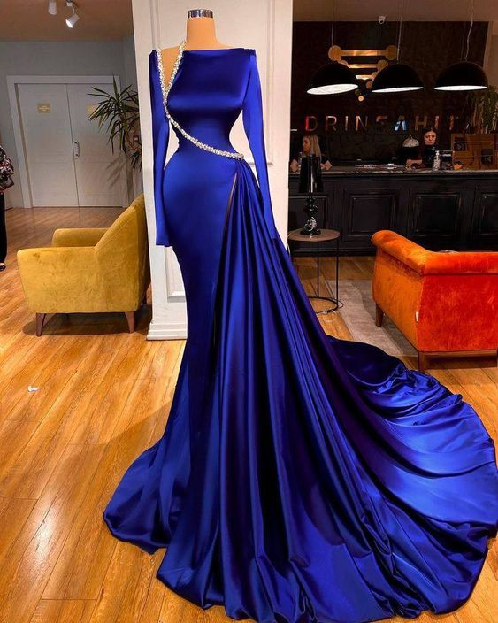 elegant modest evening dresses long sleeve royal blue beaded luxury el – Simplepromdress