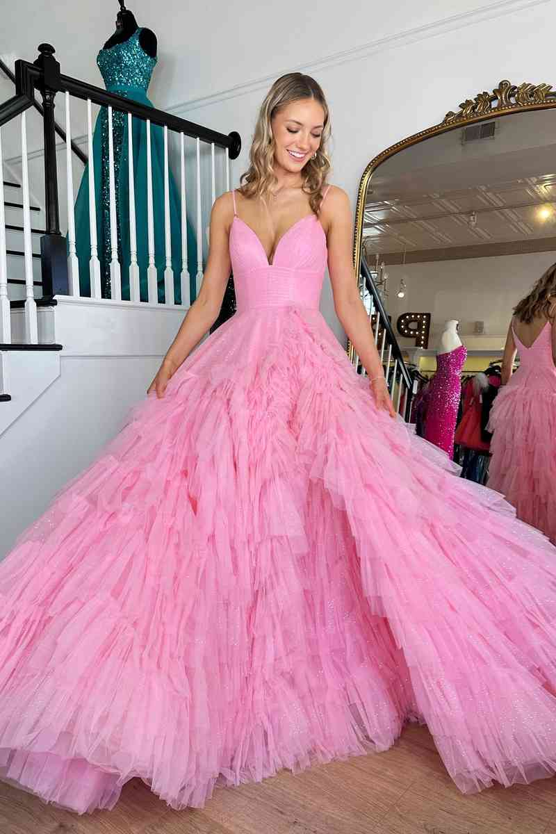 Princess Pink Strappy Frill Layered A Line Long Prom Dress Y1873