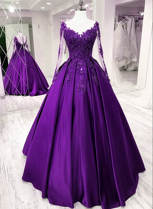Purple Satin Long Sleeves Prom Dress Formal Dress, Lace Applique Sweet 16 Dress Y1843