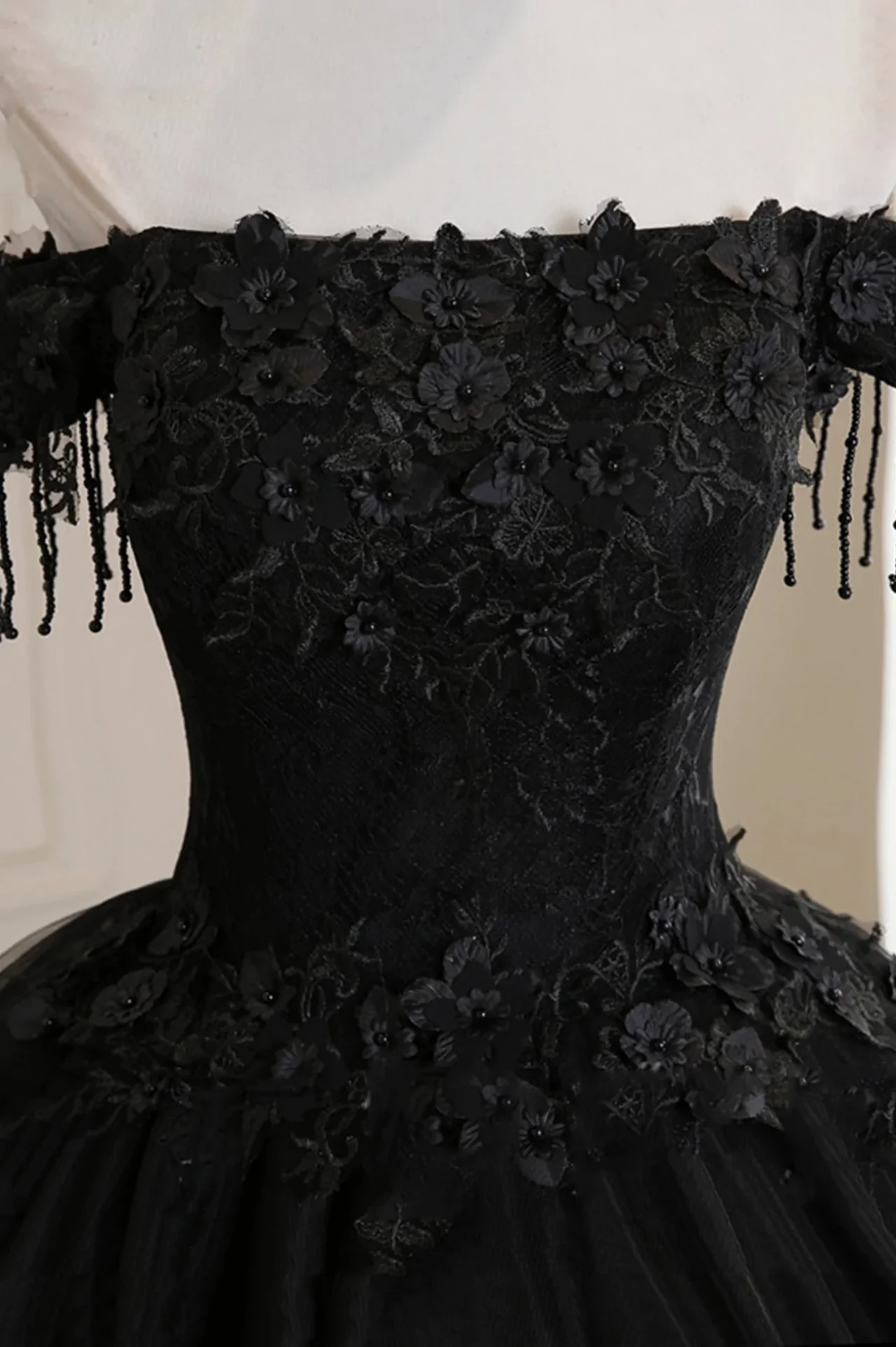 Black Off Shoulder Tulle Ball Gown With Lace Sweet 16 Dress, Black Long Evening Dress Y1143