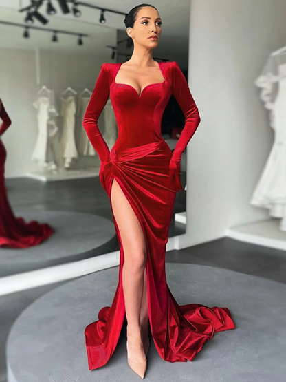 Elegant Royal Blue Velvet Evening Dress High Slit Formal Dress  Y402