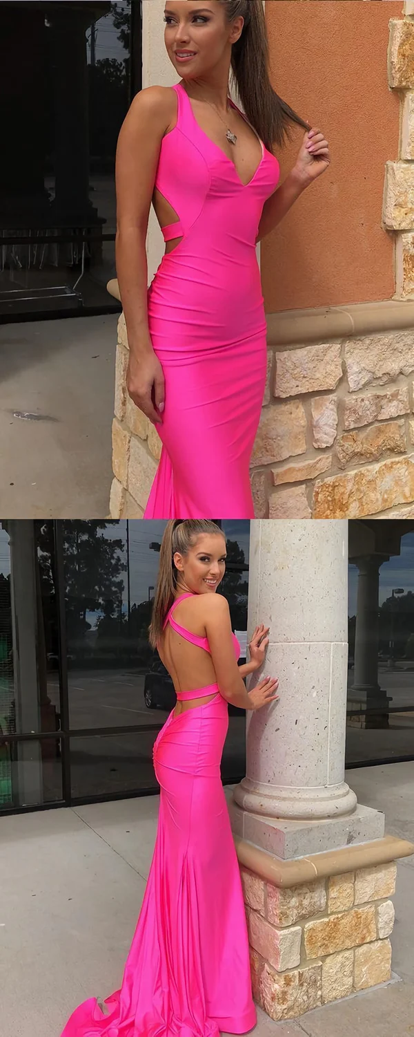 Hot Pink Halter Satin Mermaid Evening Dress, Simple Long Prom Dress Y1646