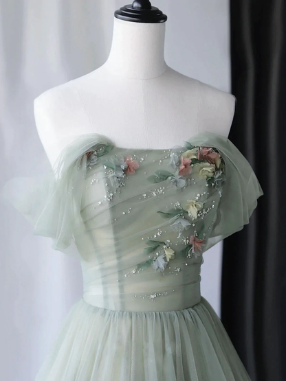 Gray Green Tulle Off Shoulder Long Prom Dress, Gray Green Formal Graduation Dresses Y1292