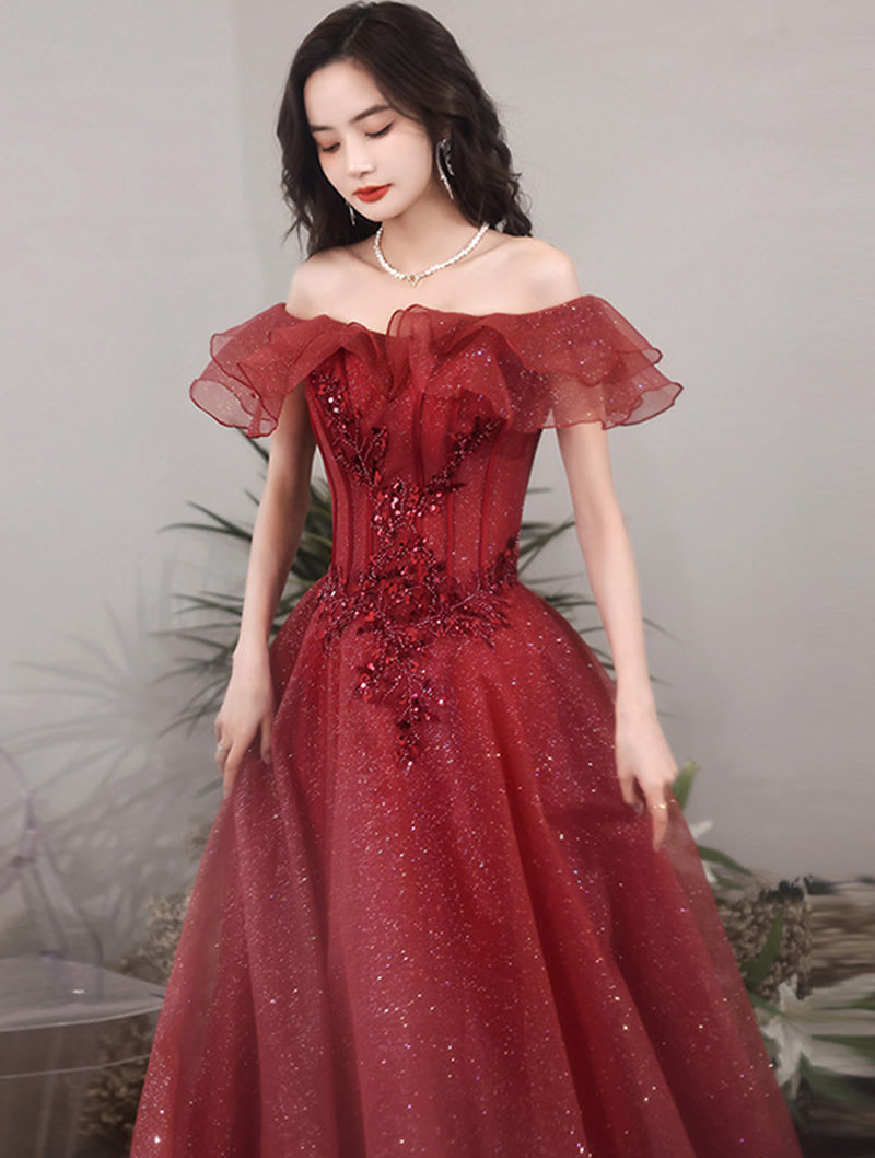 Chic Off Shoulder Sleeveless Burgundy Prom Dress Y1552