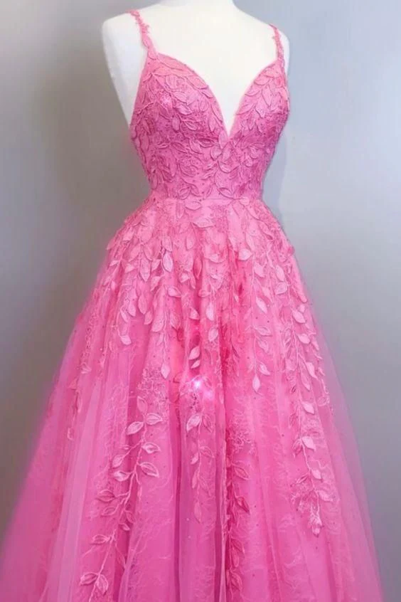 A-line bright pink lace appliqued long prom dress with lace up back Y58