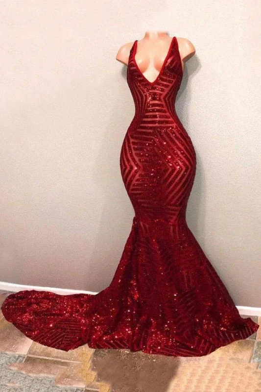 Red Sequins Glitter V-neck Sleeveless Mermaid Prom Dresses Y953