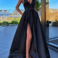 V-Neck Slit Satin Long Prom Dress Spaghetti Strap Evening Ball Gown with Pockets S14431