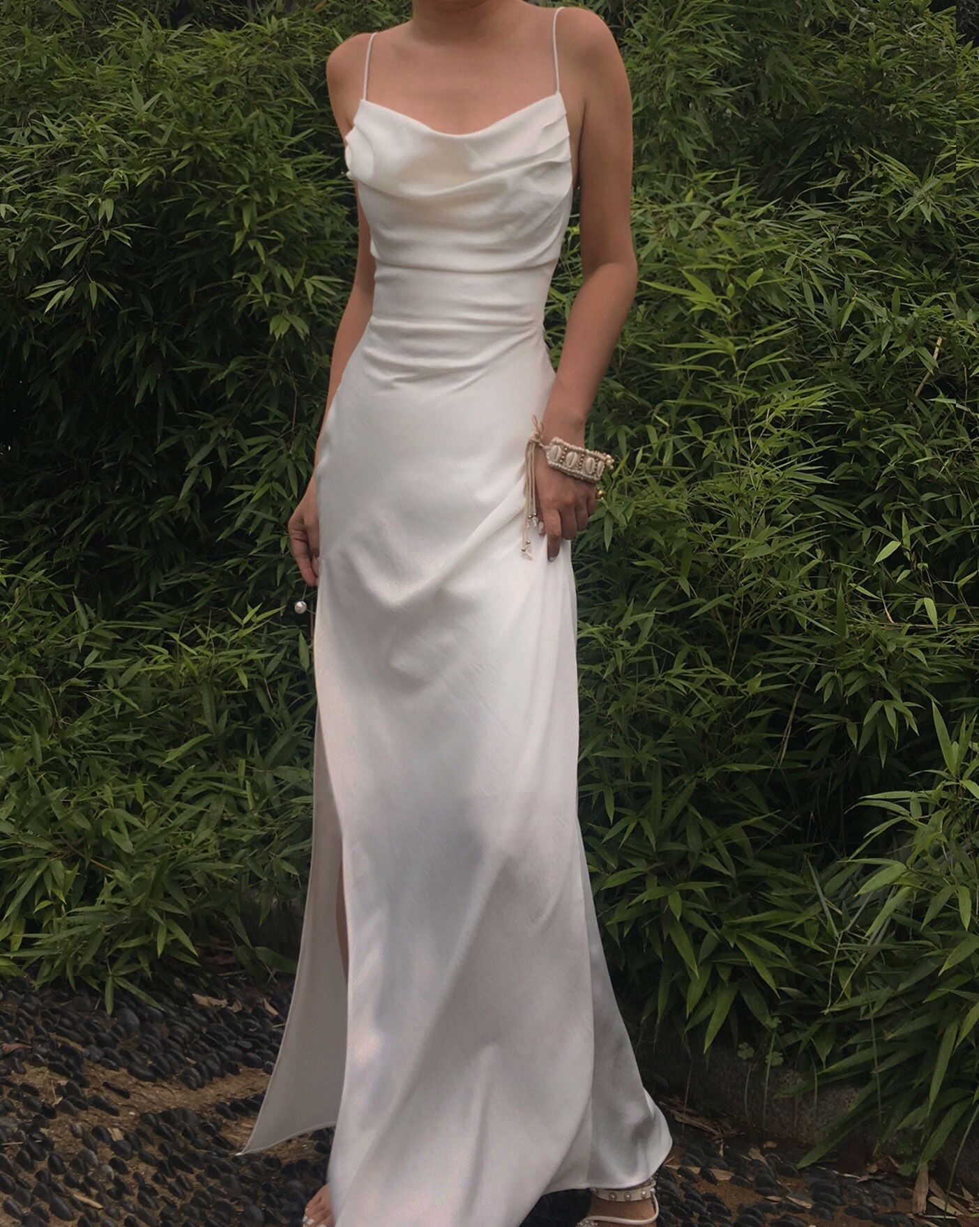 Sexy Mermaid Cowl Neck Spaghetti Straps White Silk Prom Dresses S15708