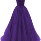 Purple Spaghetti Strap Prom Dresses Long Tulle Lace Appliques Princess Birthday Party Dress Y879