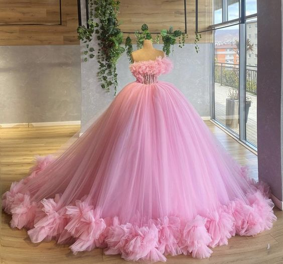 Pink Ball Gown Long Sleeves Off Shoulder Prom Dresses, Quinceanera Dress,  PL421 | Promnova