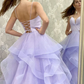 V Neck Backless Fluffy Lilac Long Prom Dress, Backless Lilac Formal Evening Dress Y910