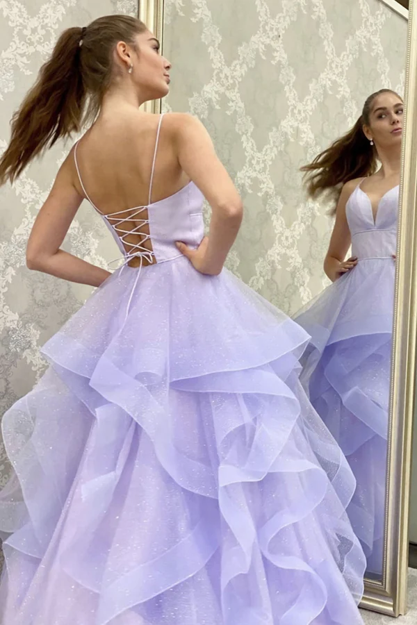 V Neck Backless Fluffy Lilac Long Prom Dress, Backless Lilac Formal Evening Dress Y910