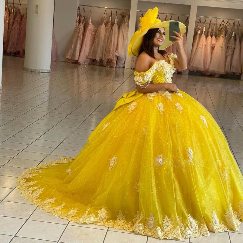 yellow quince dress Yellow Ball Gown Quinceanera Dresses Off Shoulder Lace up Back Sweep T – Simplepromdress