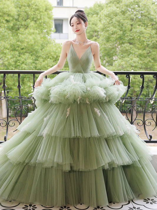 Green v neck tulle long prom dress, green tulle sweet 16 dress Y838