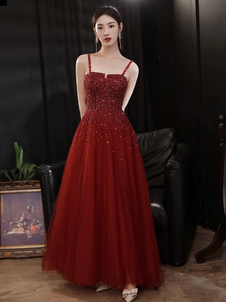 New elegant red classy sleeveless spaghetti strap party dress, heavy bead evening dress Y816