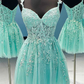 V Neck Mint Green Lace Homecoming Dress Y204
