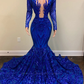 Royal Blue Long Sleeves Prom Dress Mermaid Sequins Party Gowns Y886