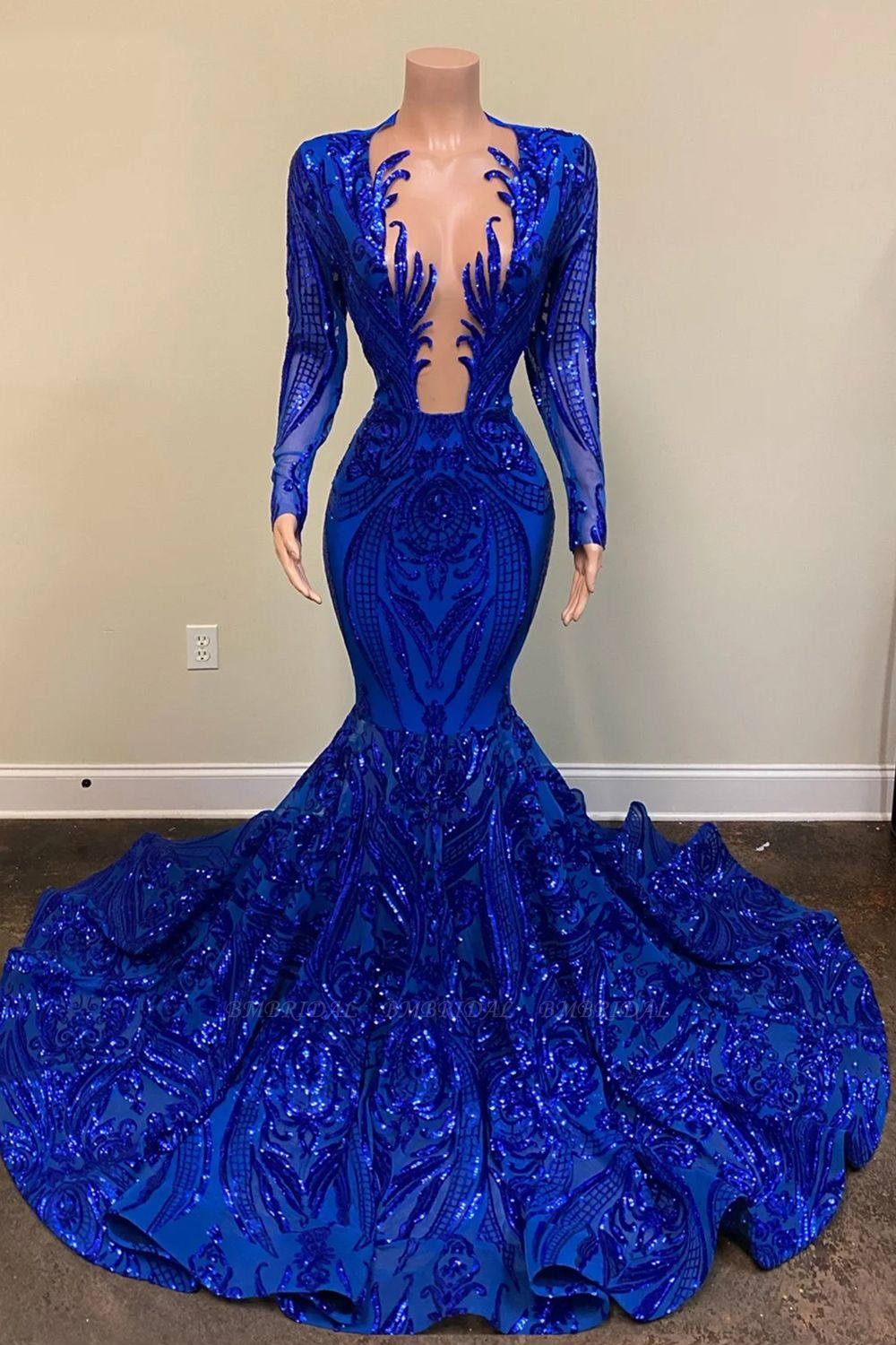 Royal Blue Long Sleeves Prom Dress Mermaid Sequins Party Gowns Y886