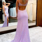 New Style V Neck Sleeveless Long Prom Dress, Sparkly Sequined Evening Dress with Slit Y1004