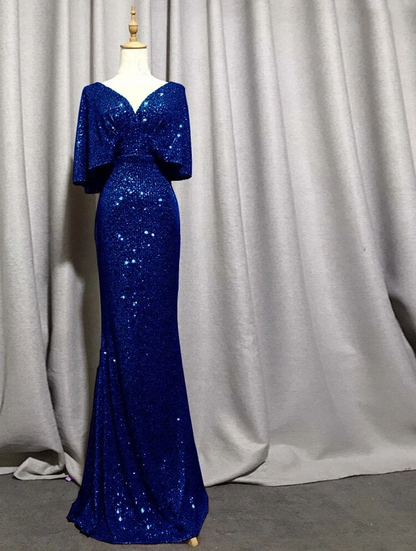 Mermaid Short Sleeves Sexy V Neck Evening Dress, Elegant Glitter Bat Sleeves Formal Party Dress Y1390